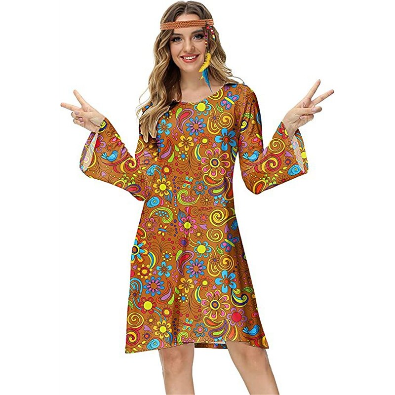 Set with Hippie Dress Boho Style Feather Hair Band 2 PCS Retro Vintage 1970s Disco Dress Women's Cosplay Costume Vintage Party Evening Long Sleeve Dress Casual Daily2