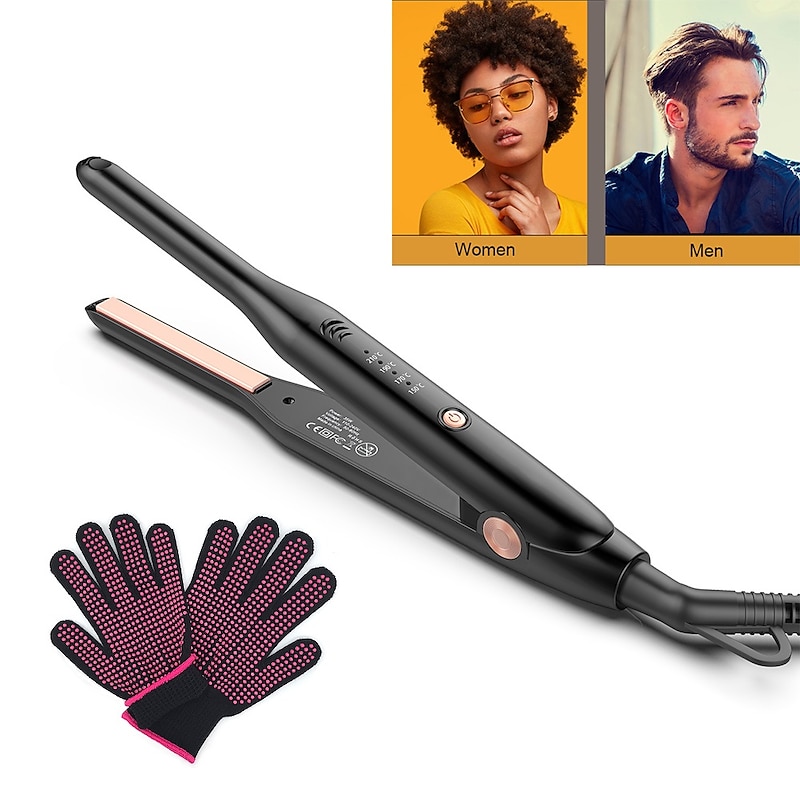 Small Flat Iron for Edges Pencil Hair Straightener for Short Hair ＆ Long Hair 3/10 inch Tiny Flat Iron with Adjustable Temp Settings＆Dual Voltage with Heat Resistant Gloves