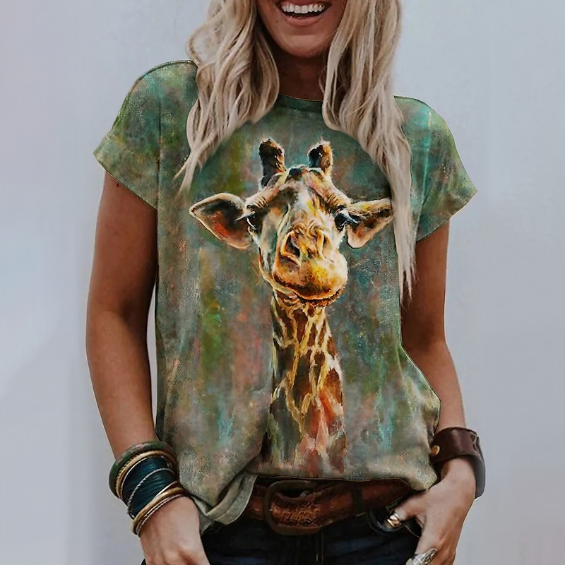 Women's T Shirt Basic Giraffe Print Short Sleeve Regular Tops Round Neck Daily Weekend Green