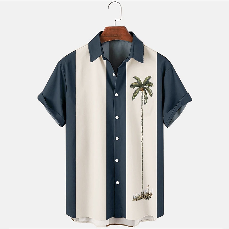 Men's Color Block Coconut Tree Tropical Plants Shirt Summer Hawaiian Shirt Bowling Shirt Short Sleeve Shirt Turndown Fashion 1950s Leisure Vacation Street Going out Black Pink Blue S M L2