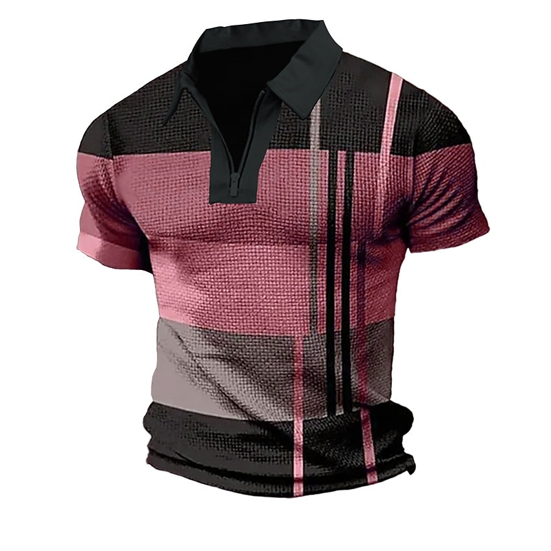 Men's Plaid Zip Polo Shirts Golf Shirt Short Sleeve Polo Shirts Collared Shirts Vintage Casual Vacation Wear Formal Wear Festival Wear 3D Print Quarter Zip Polo Light Green Red Blue3