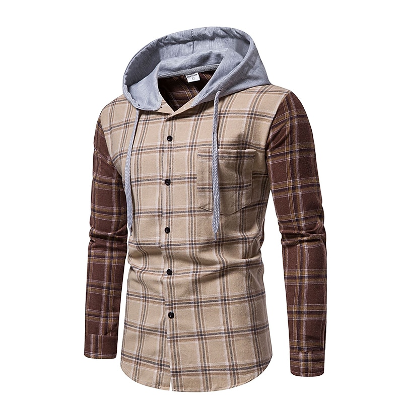 Men's Shirt Casual Shirt Button Up Shirt Overshirt Hooded Shirt Checked Shirts Pink Dark Navy Blue Green khaki Long Sleeve Plaid / Check Hooded Vacation Street Hooded Clothing Apparel Cotton Cotton3