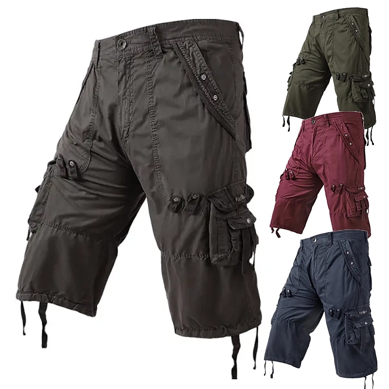 Men's Cargo Shorts Capri Pants Below Knee Length Shorts Hiking Shorts Multi Pocket Plain Calf-Length Daily Basic Big and Tall Wine Army Green2