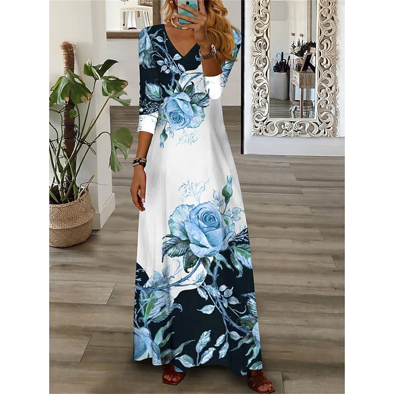 Women's Maxi Dress Casual Dress Floral Print V Neck Maxi long Dress Casual Daily Vacation 3/4 Length Sleeve Summer Spring3