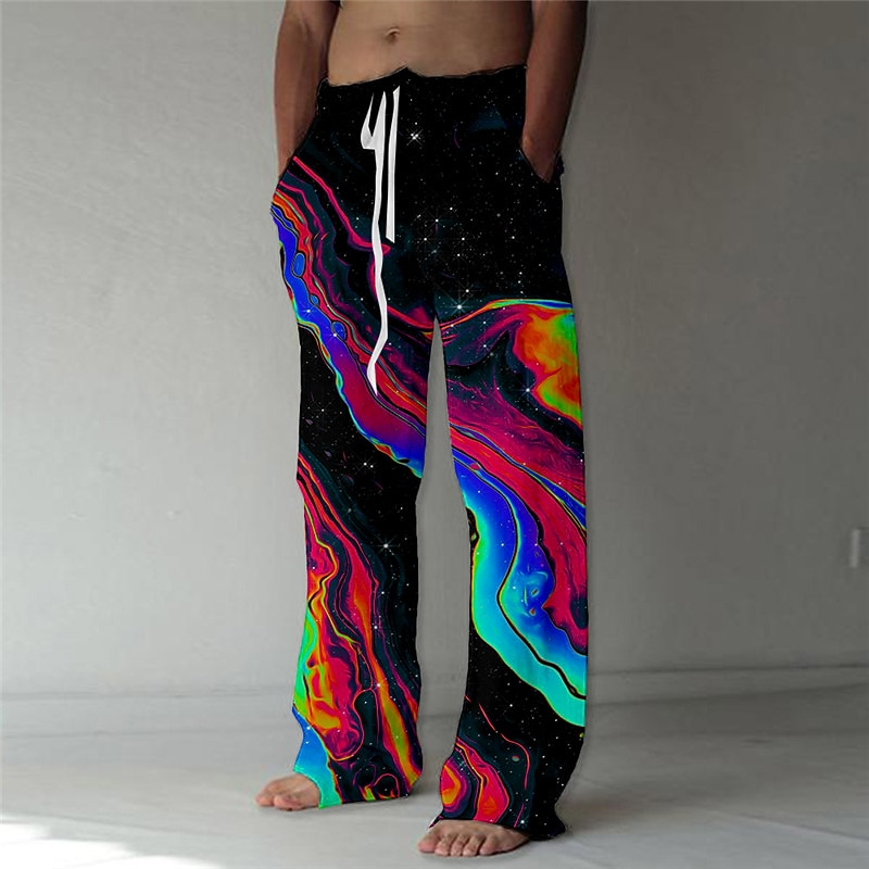Men's Trousers Summer Pants Beach Pants Drawstring Elastic Waist Straight Leg Abstract Graphic Prints Comfort Casual Daily Holiday Streetwear Designer Red Orange