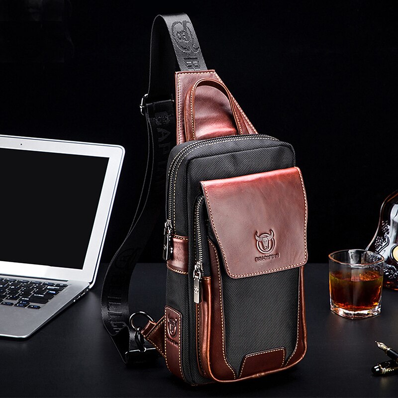 Men's Premium Cowhide Leather and Nylon Crossbody Sling Bag - Multi-Pocket Design with Adjustable Strap for Travel and Daily Use4