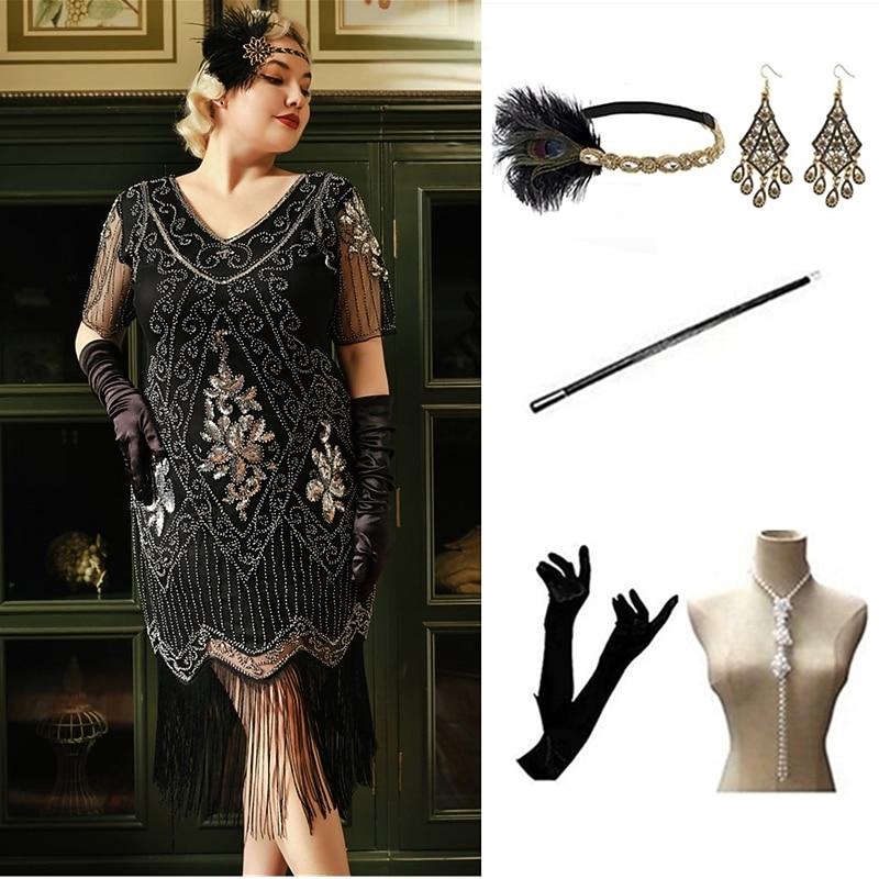 The Great Gatsby Midi Flapper Dress Dress Outfits The Great Gatsby Wedding Guest Sequins Tassel Fringe Sequin Tassel V Neck Fancy Dress Women's Masquerade Prom Party & Evening Wedding Reception
