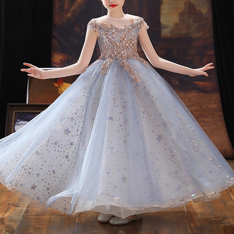 Kids Girls' Flower Girl Dress Party Dress Sequin Short Sleeve Performance Wedding Party Sequins Elegant Sweet Cotton Maxi Party Dress A Line Dress Flower Girl's Dress Summer Spring 3-12 Years Blue2