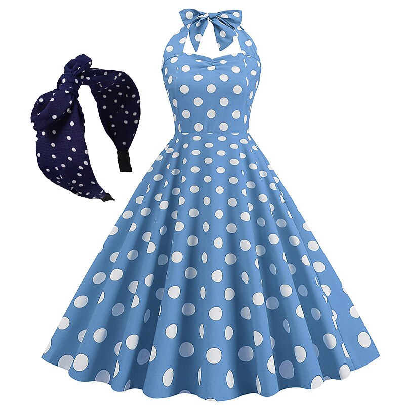 Retro Vintage 1950s Grease Outfits Vintage Inspired Knee Length Cocktail Dress Headband Swing Dress Sleeveless Bow Polka Dot Fit & Flare Halter Neck Fancy Dress Women's Carnival Valentine's Day4
