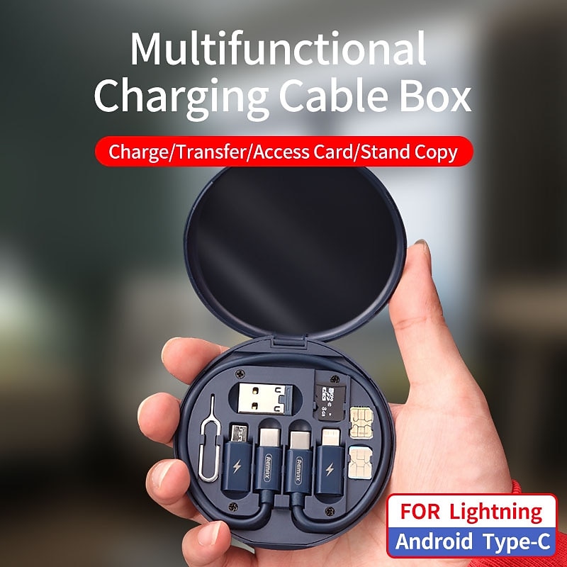 1 Pack Remax USB Adapter Cable Conversion Storage Box Multi-Type Charging Line Convertor Lightning Type C Micro Data Transfer Tool Contains Sim Card Slot Tray Eject Pin  Use as Phone Holder4