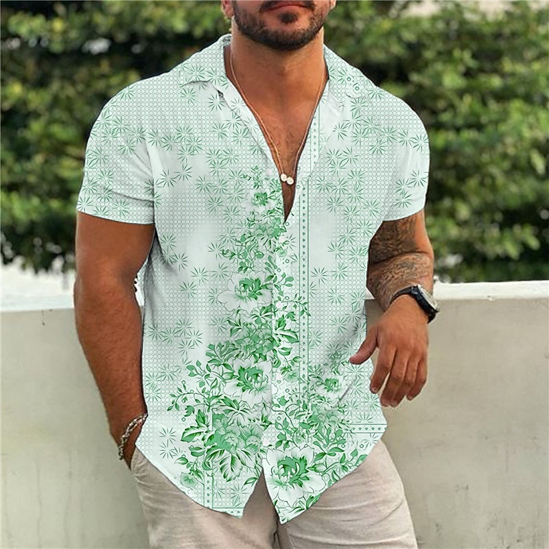 Men's Floral Ethnic Shirt Boho Shirt Button Up Shirt Short Sleeve Tropical Designer Boho Casual Beach Summer Spring Turndown Print Button-Down Yellow Pink Blue Green Gray3