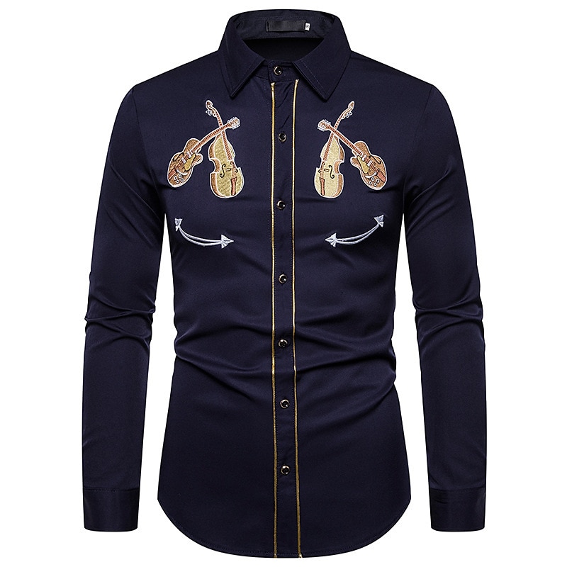 Men's Graphic Prints Musical Instrument Shirt Western Shirt Cowboy Shirt Long Sleeve Sports Fashion Streetwear Outdoor Daily Fall & Winter Turndown Print Button-Down Black White Navy Blue2
