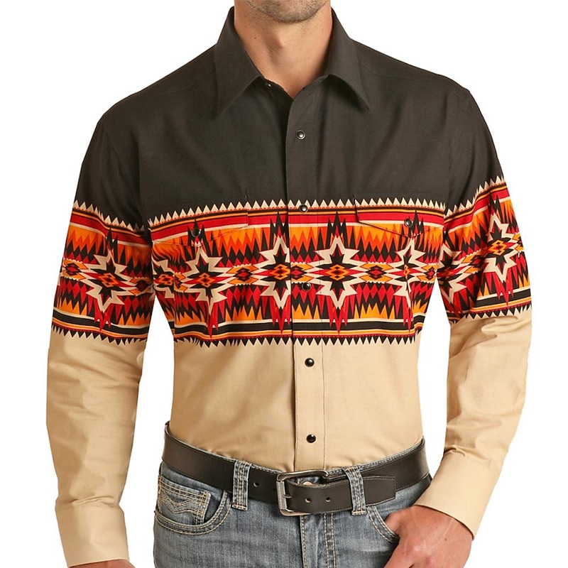 Men's Tribal Graphic Prints Geometry Shirt Western Shirt Cowboy Shirt Long Sleeve Fashion Streetwear Designer Outdoor Daily Fall & Winter Turndown Print Button-Down Yellow