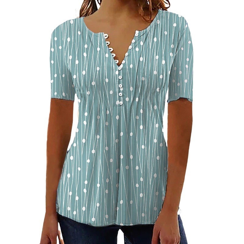 Women's T Shirt Henley Blouse Tunic Basic Casual Patchwork Buttons Print Short Sleeve Regular Tops V Neck Casual Red Blue Green Gray2