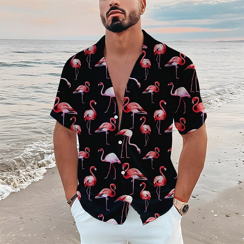 Men's Floral Flamingo Tropical Shirt Summer Hawaiian Shirt Aloha Shirt Short Sleeve Shirt Turndown Tropical Fashion Streetwear Casual Hawaiian Holiday Blue-Green Black White S M L - Main Image