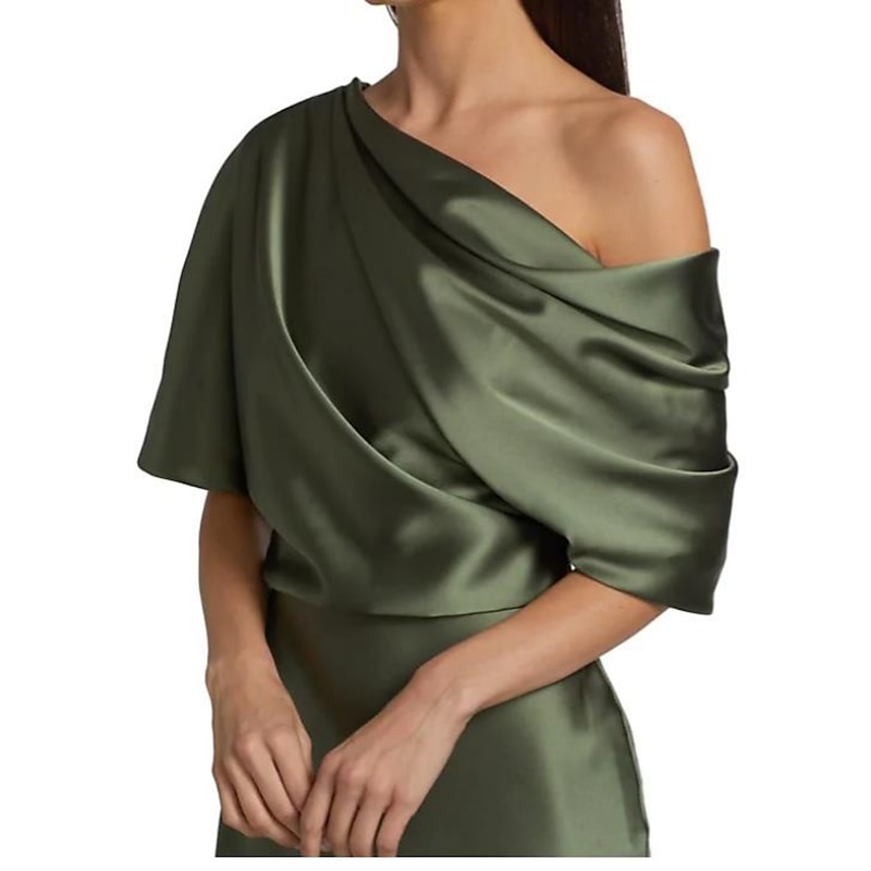 Sheath Mother of the Bride Dress Wedding Guest Formal Evening Elegant Party Off Shoulder Sweep / Brush Train Satin Half Sleeve with Ruching4