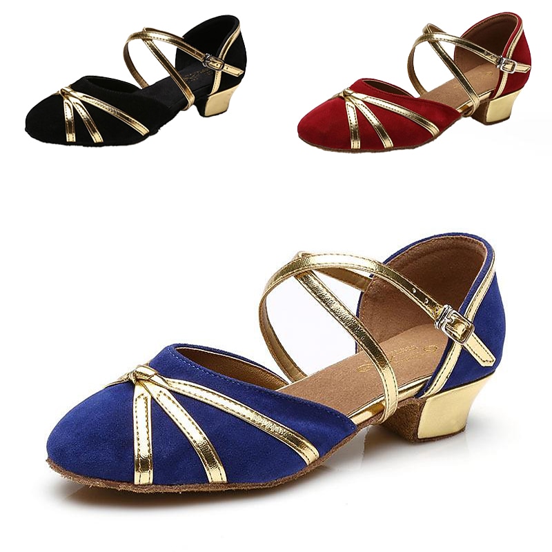 Women's Black and Gold Latin Dance Shoes – Strappy Design with Low Heels and Suede Sole for Performance