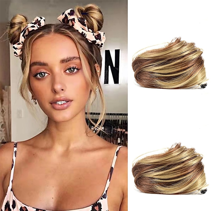2Pcs Mini Claw Fake Space Hair Bun Clip in Messy Bun Synthetic Hair Chignon Donut Hair Bun Extensions Wig Accessory Ponytail Updo Hair Pieces for Women Girls and Kids