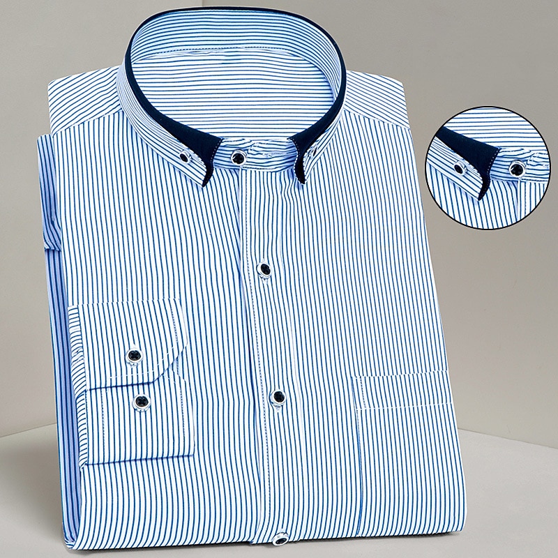 Men's Chinese Collar Shirt Mandarin Collar Shirt Dress Shirt Stripes Wedding Office & Career Blue Sky Blue Violet Long Sleeve Grandad Collar Spring Fall Clothing Apparel Pocket3
