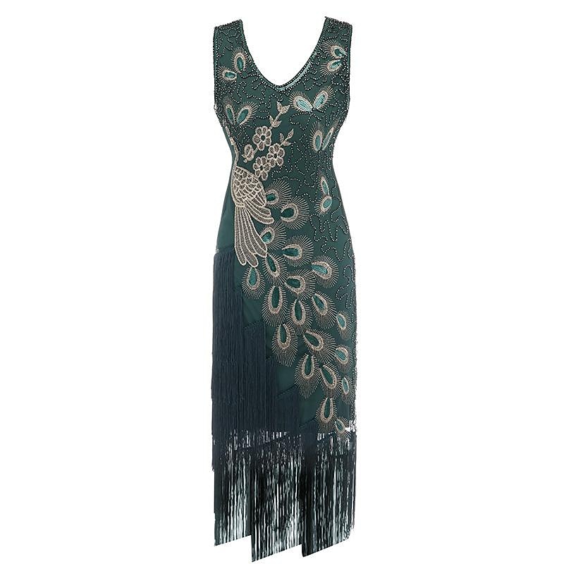 The Great Gatsby Peacock Flapper Dress Retro Vintage Roaring 20s 1920s Cocktail Dress Women's Sequins Tassel Fringe Costume Cosplay Formal Evening Sleeveless Midi Dress3