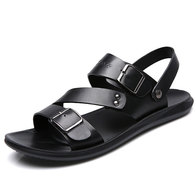 Men's Black Faux Leather Sandals with Double Buckle Straps and Cushioned Sole - Casual Summer Footwear for Daily Wear2