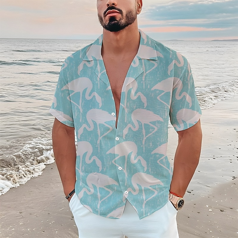 Men's Floral Flamingo Tropical Shirt Summer Hawaiian Shirt Aloha Shirt Short Sleeve Shirt Turndown Tropical Fashion Streetwear Casual Hawaiian Holiday Blue-Green Black White S M L2