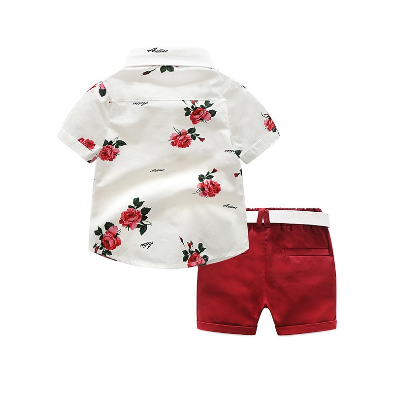 2 Pieces Kids Boys Shirt & Shorts Outfit Floral Short Sleeve Cotton Set Outdoor Fashion Daily Summer Spring 3-7 Years White2