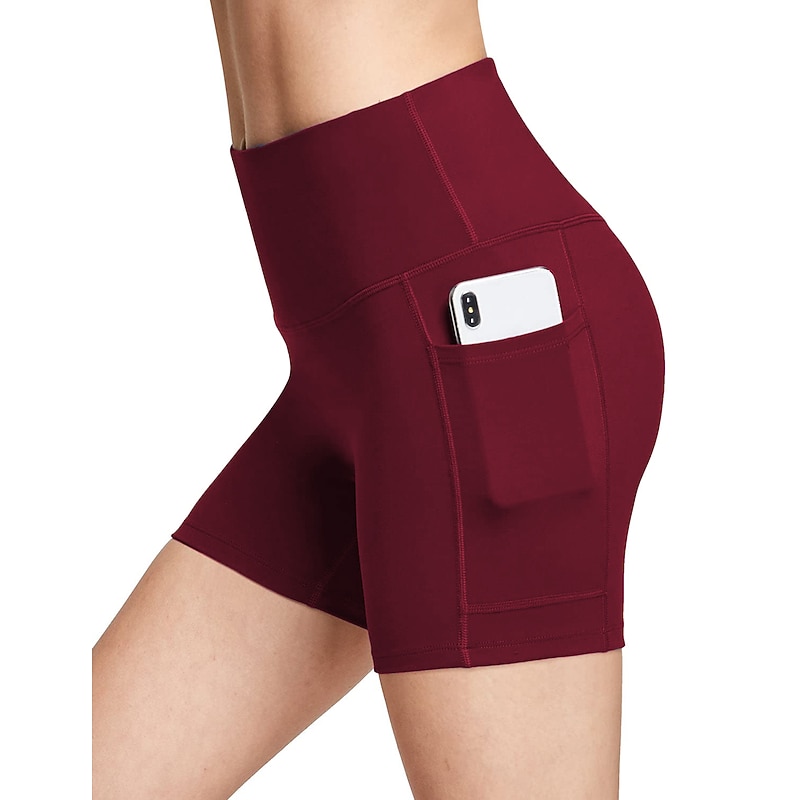 Women's Wide Band Waist Sports Shorts With Phone Pocket Solid Colored High Waist Elastic Yoga Running Bottom Pants3