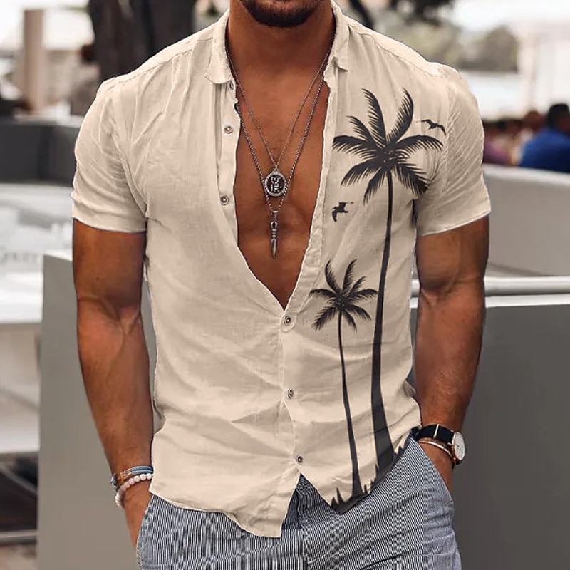 Men's Coconut Tree Tropical Plants Summer Hawaiian Shirt Aloha Shirt Short Sleeve Shirt Turndown Fashion Comfortable Vacation Casual Daily White Blue Khaki S M L4