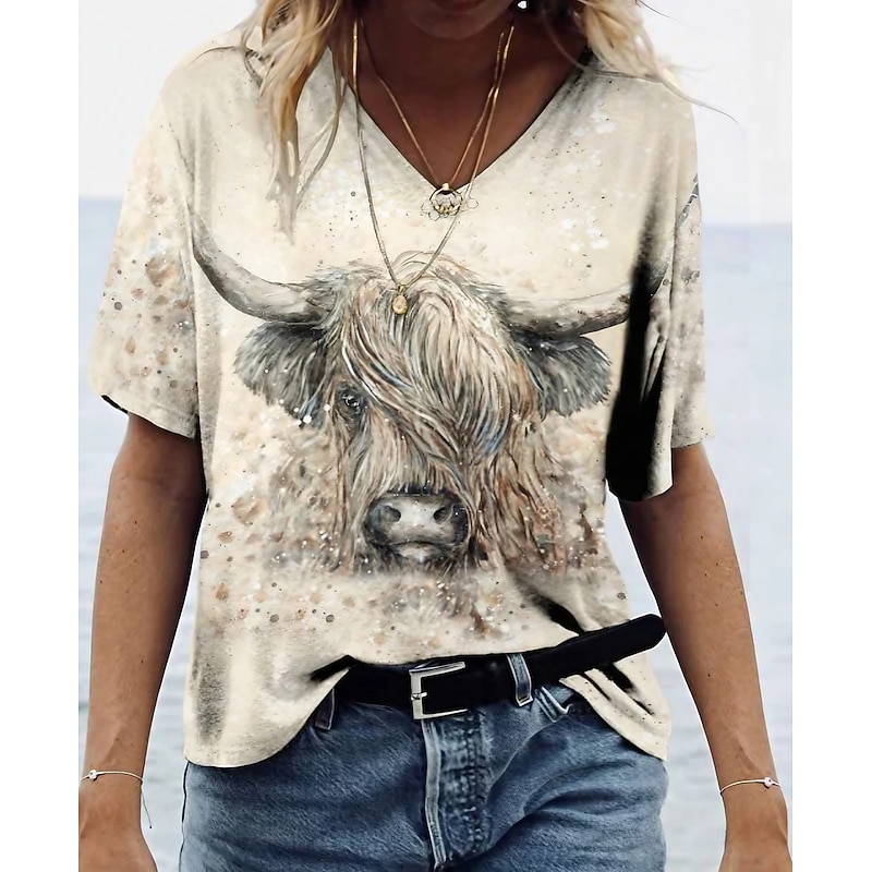 Women's T shirt Long Sleeve V Neck Long Sleeve Tunic Vintage Ethnic Cow Patchwork Print Short Sleeve Regular Tops Home Casual Daily Beige  Prefall