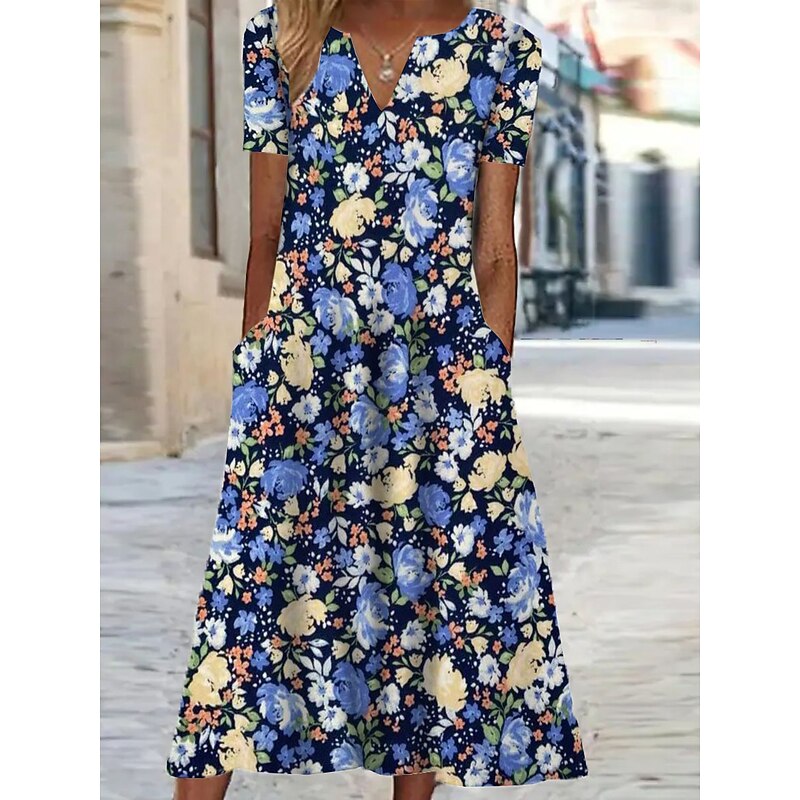 Women's Midi Dress Shift Dress Floral Pocket Print V Neck Vacation Short Sleeve Summer Spring