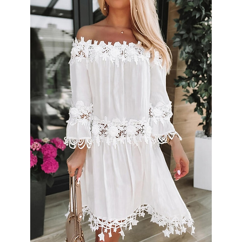 Women's Midi Dress White Dress Lace Dress Shift Dress Summer Dress Fashion Basic Modern Outdoor Vacation Daily Loose Fit Plain 3/4 Length Sleeve Off Shoulder White Summer Spring2