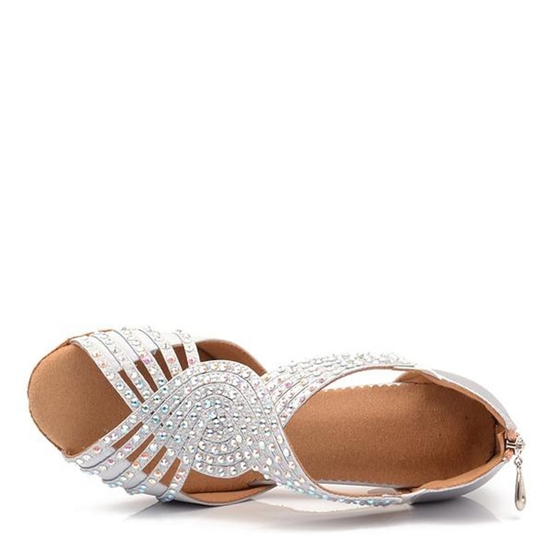 Women's Silver Rhinestone Latin Dance Sandals with Strappy Design, Soft Suede Sole and Mid Heels for Ballroom and Performance4