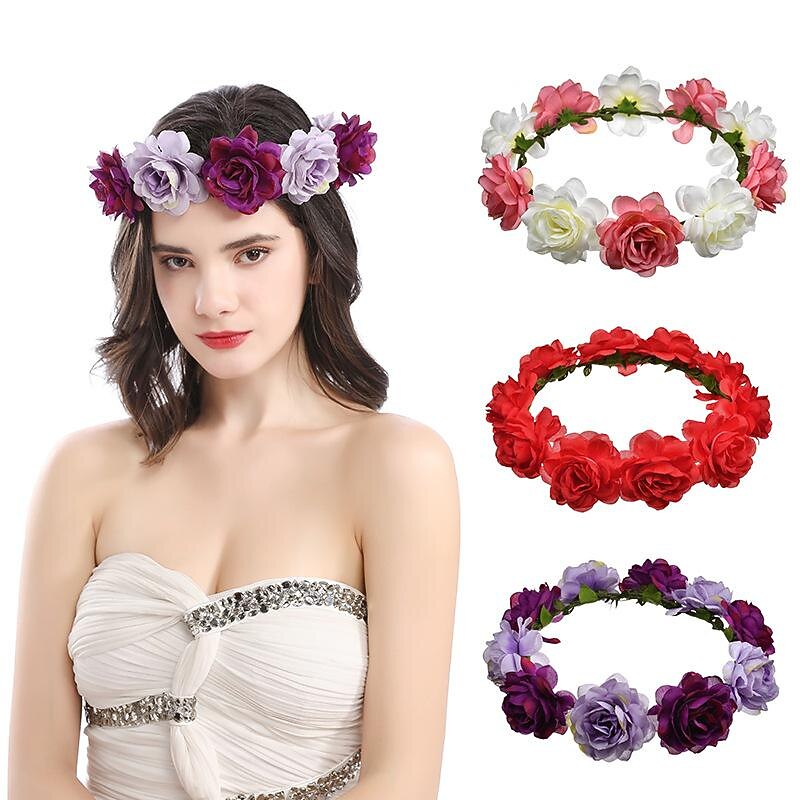 Flower Headband Rose Floral Boho Wreath Garland Hair Hoop Bohemian Headdress Headwear Headpiece Women Girls Crown Leaf Hair Bands Party Decoration Cosplay Costume Handmade Hair Accessories Champagne