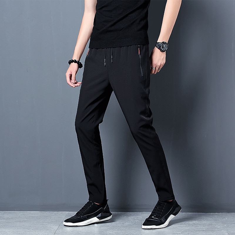Men's Trousers Casual Pants Sports Pants Training Pants Elastic Waist Plain Breathable Soft Ankle-Length Gym Sports Loose Fit Black Blue Micro-elastic3
