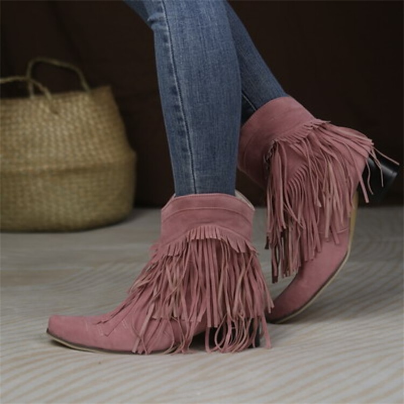 Women's Pink Suede Fringe Western Ankle Boots - Boho Chic Style for Casual Outings and Music Festivals