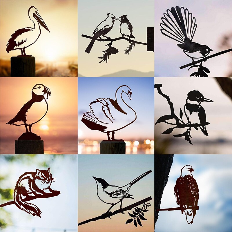 Birds Metal Garden Art Decor, Funny Metal Wall Sculptures Weatherproof Wrought Iron Art Sign Outdoor Garden Farmhouse Decor Wall Decor