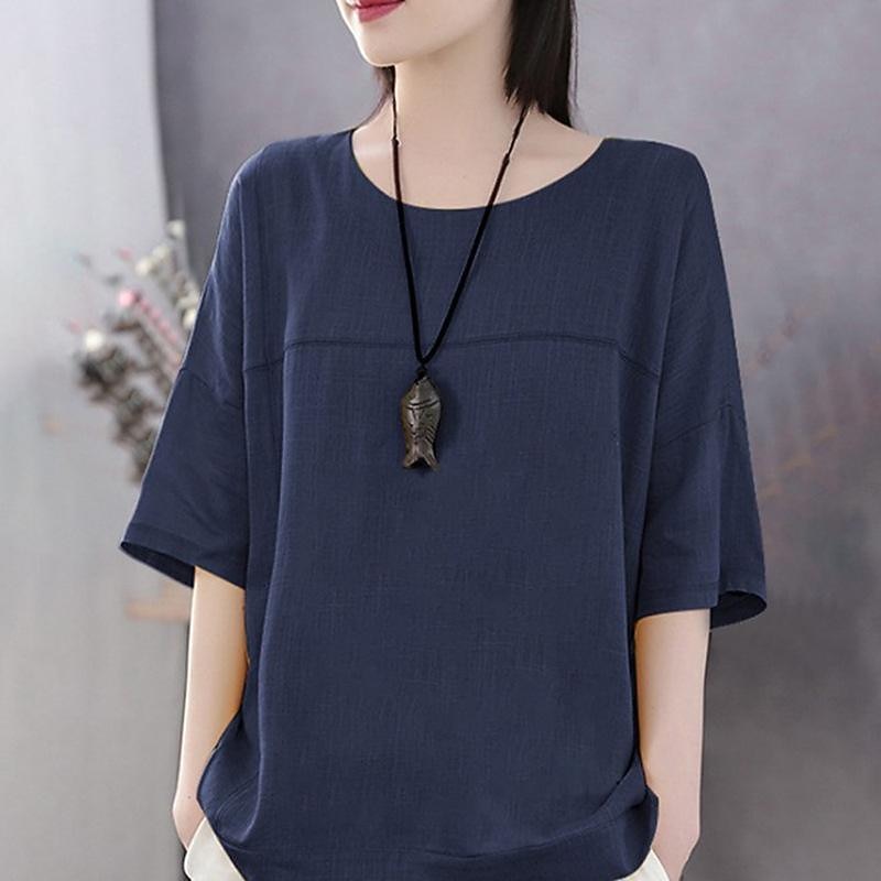 Women's Linen-Inspired Shirts T Shirt Plain Basic Short Sleeve Round Neck Regular Tops Daily Weekend White Blue Orange Green4