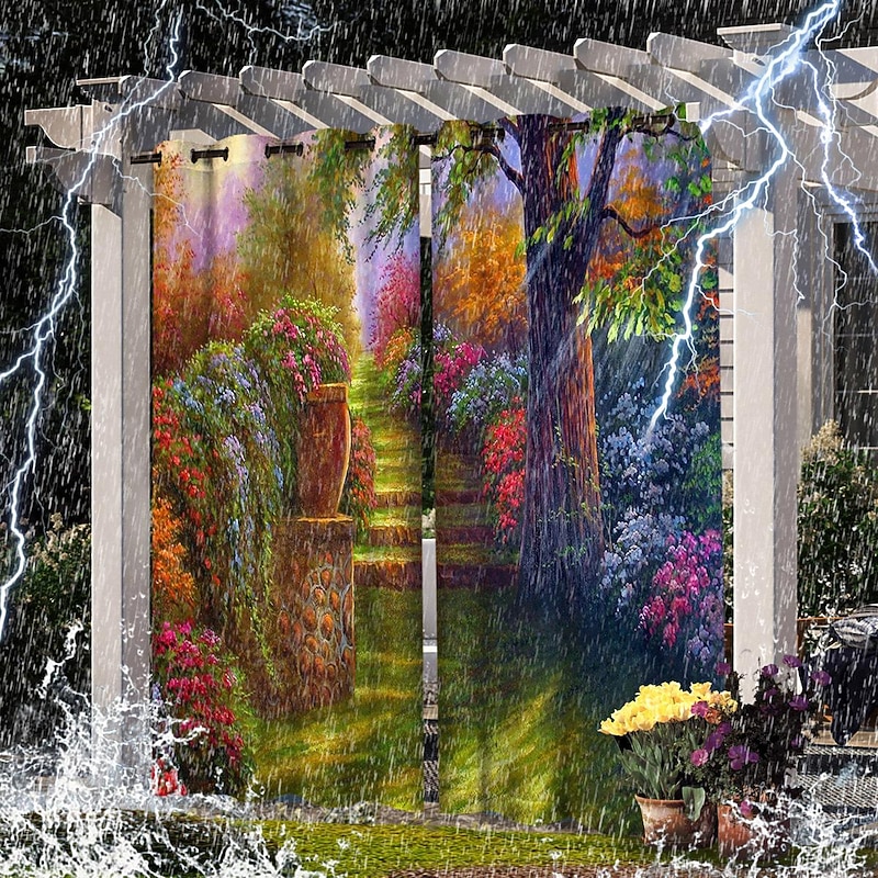 2 Panels Outdoor Curtain Privacy Waterproof, Sliding Patio Curtain Drapes, Pergola Curtains Grommet 3D Landscape For Gazebo, Balcony, Porch, Party, Hotel4