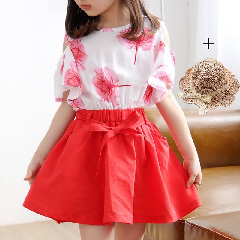 3 Pieces Kids Girls' Graphic Skirt & Shirt Set Short Sleeve Fashion Outdoor 7-13 Years Summer Red Blue Green2