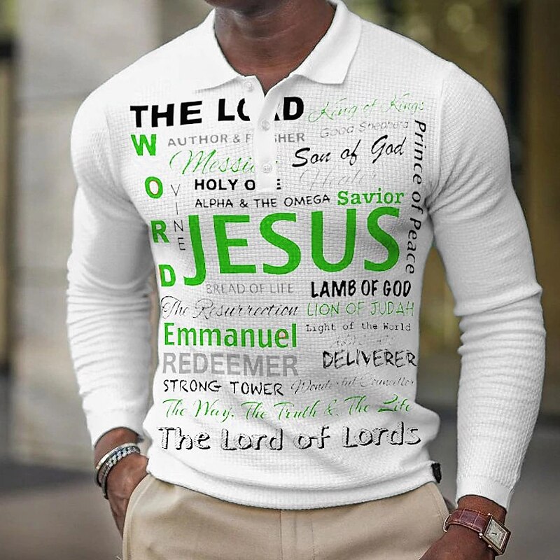 Men's Jesus Christian Waffle Polo Shirts Golf Shirt Long Sleeve Polo Shirts Collared Shirts Casual Vacation Wear Party Outfits Buttons 3D Print White Navy Blue Green2