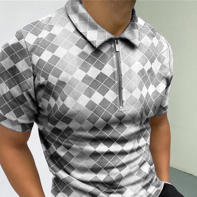Men's Polo Shirt Golf Shirt Casual Daily Turndown Quarter Zip Short Sleeve Sports Fashion Argyle Zipper Quarter Zip Spring & Summer Regular Fit Sky Blue Light Purple Light Grey Polo Shirt4