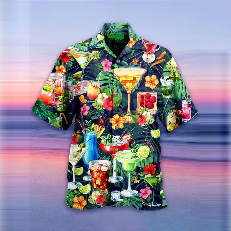 Men's Fruit Cocktail Shirt Summer Hawaiian Shirt Aloha Shirt Short Sleeve Shirt Turndown Tropical Fashion Hawaiian Casual Hawaiian Holiday Green S M L