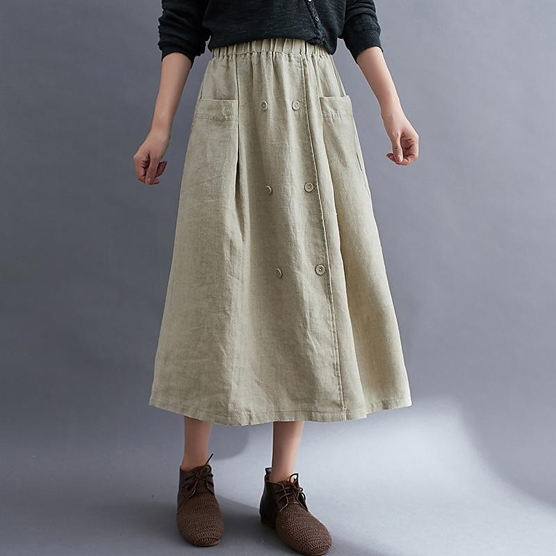 Women's Skirt A Line Long Skirt Linen Skirts coastal grandma style Basic Casual Long Midi Skirts Solid Colored Pocket Split Ends Street Daily Black Brown Green Apricot Spring & Summer Cotton Linen2