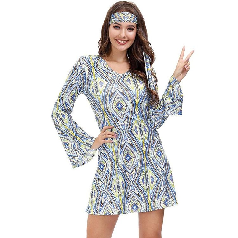 Retro Vintage Hippie 1970s Dress Headpiece Flare Cuff Sleeve Hippie Printing Fancy Dress Women's Masquerade Party & Evening Pride Parade Pride Month Adults' Dress Headwear