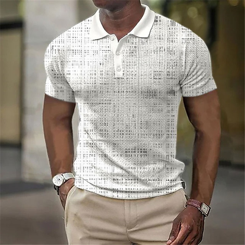 Men's Plaid Waffle Polo Shirts Golf Shirt Short Sleeve Polo Shirts Collared Shirts Business Casual WorkWear Formal Wear Festival Wear Buttons 3D Print White Yellow Blue - Main Image