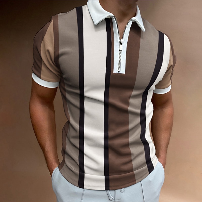 Men's Golf Shirt Polo Casual Quarter Zip Short Sleeve Fashion Casual Striped Zipper Summer Spring Regular Fit Black White Yellow Pink Royal Blue Blue Golf Shirt