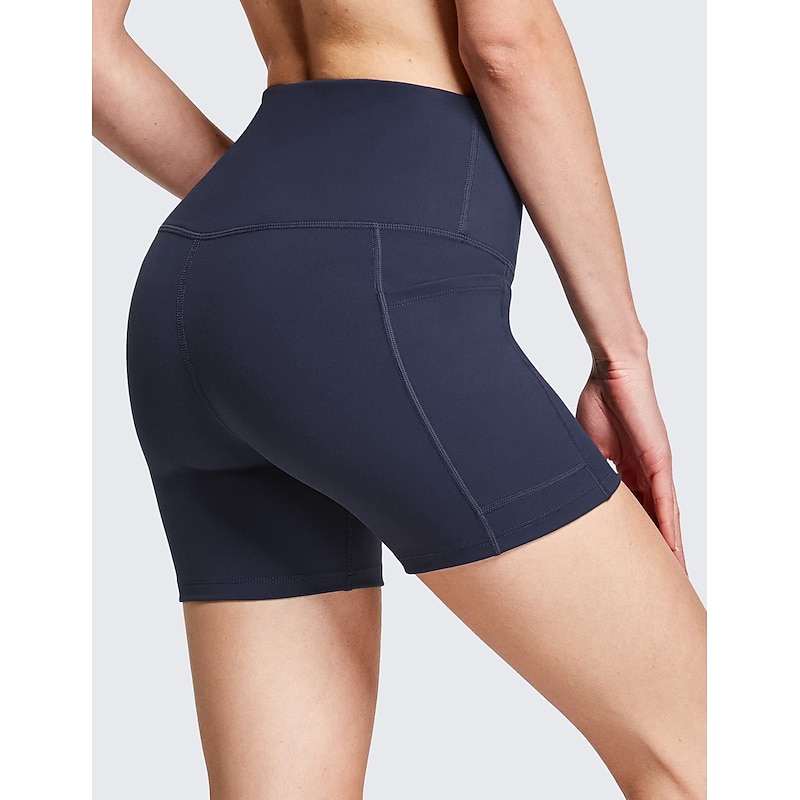 Women's Wide Band Waist Sports Shorts With Phone Pocket Solid Colored High Waist Elastic Yoga Running Bottom Pants4