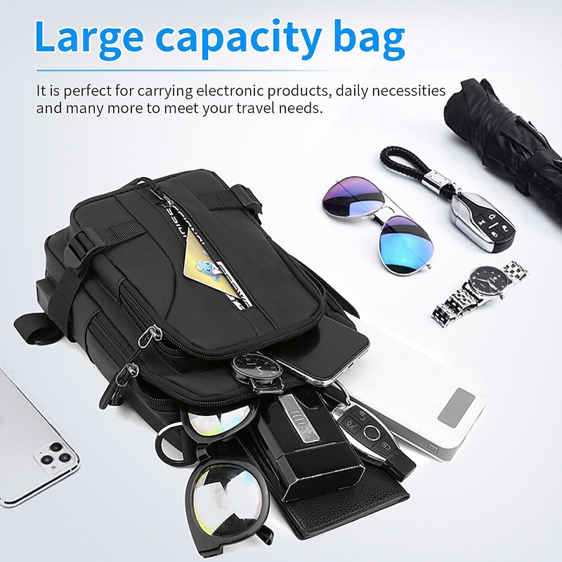 Men Anti Theft Chest Bag Shoulder Bags School Short Trip Messengers Bags Men's Nylon Sling Pack USB Charging Crossbody Backpack, Back to School Gift4