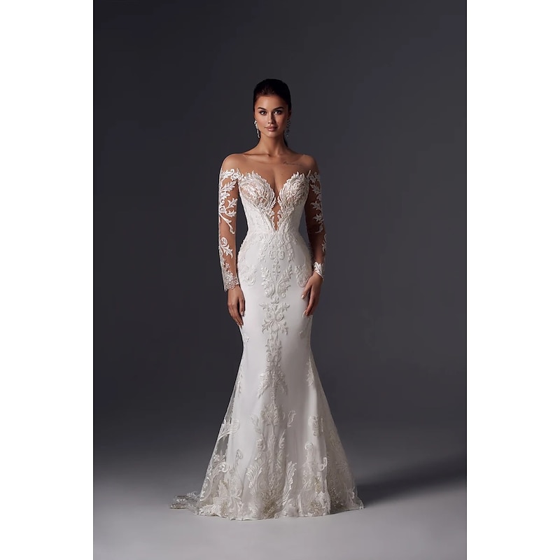 Engagement Formal Wedding Dresses Mermaid Off Shoulder Long Sleeve Court Train Satin Bridal Gowns With Appliques Solid Color3